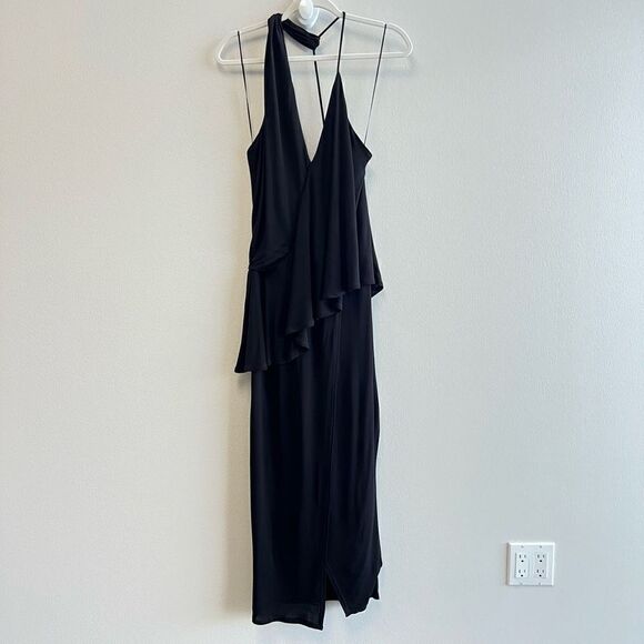 Reiss Xena Asymmetrical Midi Strappy Open Back Cocktail Dress Black UK 12 US 2 - Picture 3 of 13
